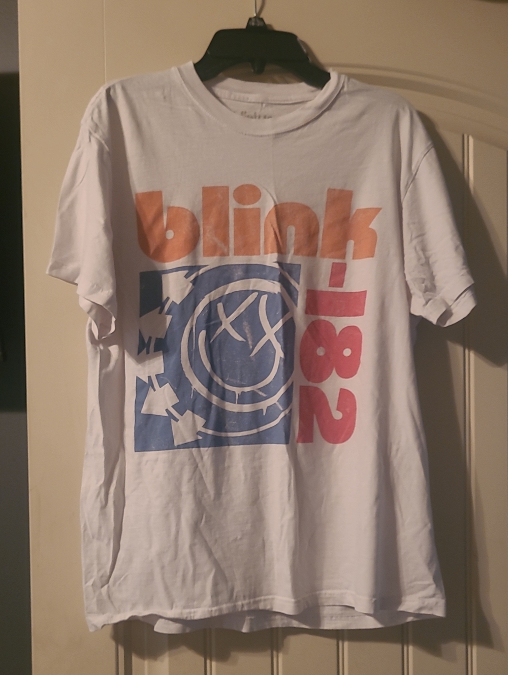 blink-182 Graphic Band Tee in White with Orange, Blue & Pink Print